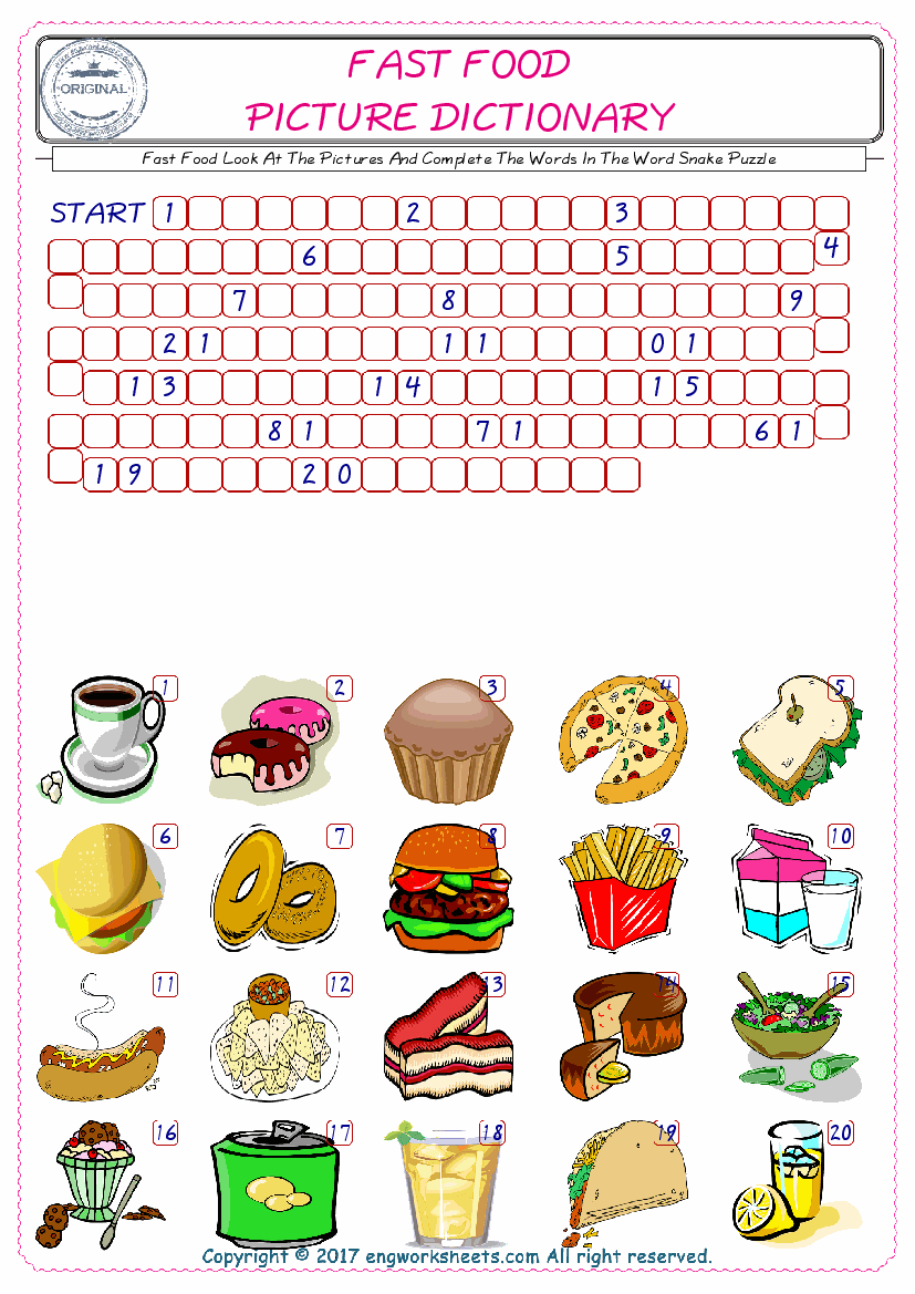  Check the Illustrations of Fast Food english worksheets for kids, and Supply the Missing Words in the Word Snake Puzzle ESL play. 